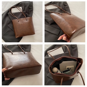 Detailed four-way view of a large vintage brown PU leather tote bag for daily commuting