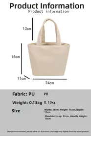 Detailed dimension chart for a soft PU leather handbag showing 24x16x11cm size specs