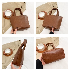 Detail views showing brown faux leather tote bag texture and design from four angles