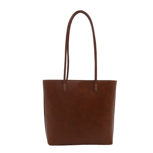 Brown vintage PU leather tote bag with large capacity and slim shoulder straps on white background