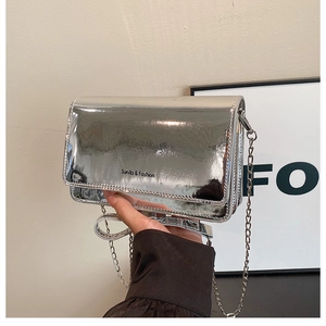 Detail of silver metallic crossbody bag with magnetic flap and metal chain strap