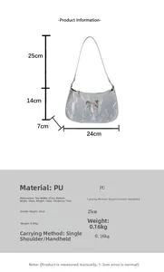 Detailed size chart for silver PU shoulder bag with butterfly detail and dimensions