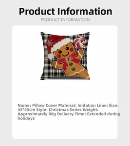 Linen gingerbread man Christmas pillow cover detail with dimensions and material info