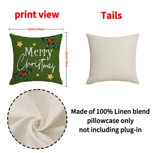 18-inch Merry Christmas linen throw pillow cover with green holly print and back view