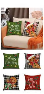 Close-up of four festive Christmas pillow covers featuring gingerbread man and holiday prints
