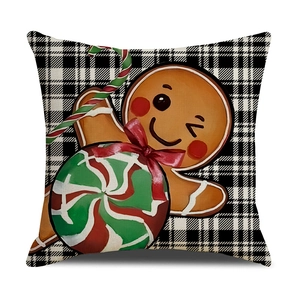 Christmas gingerbread man pillow case with black and white plaid pattern and linen texture