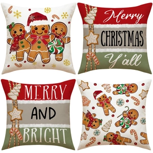 Christmas Gingerbread Man Pillowcase Faux Linen Cushion Cover For Sofa Car Office Decor Holiday Merry Christmas Print