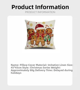 Close-up of 45x45cm gingerbread man faux linen pillowcase with holiday decorations