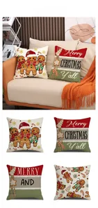 Detail of gingerbread man decorative pillowcases showing fabric texture and holiday prints