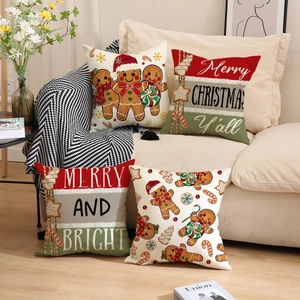 Set of four Christmas gingerbread man pillow covers with festive holiday decorations