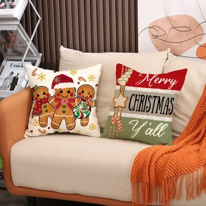 Gingerbread man and festive Christmas typography throw pillow covers for home sofa decor