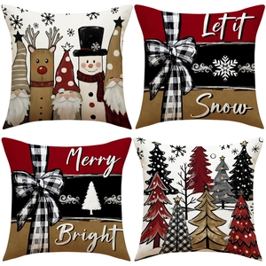 Christmas Linen Blend Throw Pillow Covers Set Reindeer Snowman Gnomes Print Festive Square Decorative Cushion Cases For Home Sofa