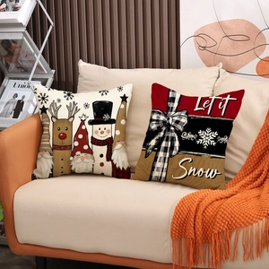 Christmas linen pillow covers set with reindeer and Let it Snow plaid pattern