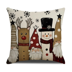 Christmas linen pillowcase set with cartoon gnomes, reindeer, and snowman pattern