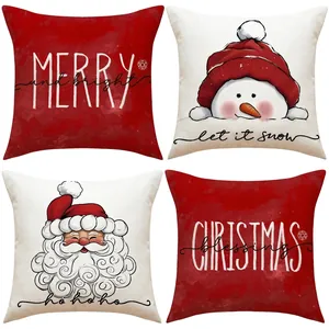 Set of four Christmas throw pillow covers with festive snowman and Santa patterns
