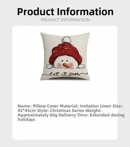 Detailed view of faux linen Christmas snowman pillowcase with Let It Snow text