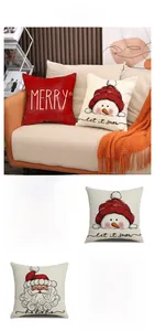 Detailed view of four Christmas pillow covers featuring festive patterns and holiday greetings