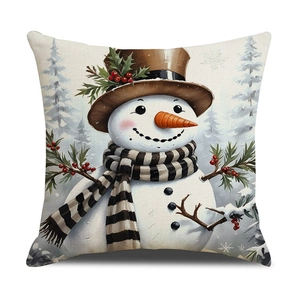 Christmas snowman pillow cover with Nordic style digital print and holly leaf details