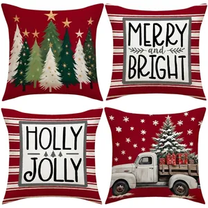 Christmas Decorative Throw Pillow Covers Red Faux Linen Christmas Tree Truck Letter Prints Sofa Living Room Home Decor