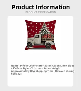 Detail showing 45x45cm Christmas faux linen pillow cover with vintage red truck design