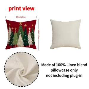 Set of 4 Christmas linen throw pillow covers with festive red holiday tree patterns
