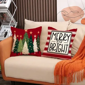 Christmas cushion cover set with forest pattern and Merry and Bright text on cozy sofa