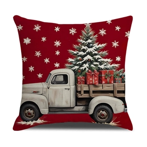 Set of 4 Christmas red pillow covers with vintage white truck and snowflake patterns