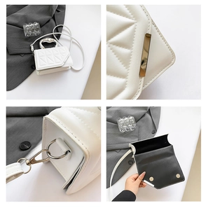 Detail views of white quilted crossbody bag showing silver hardware and stitching
