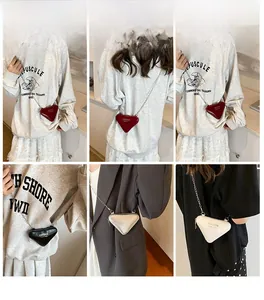 Detailansicht kleiner dreieckiger Kettentaschen aus PU-Leder in Rot, Schwarz, Silber und Weiß