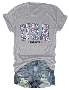 Detailed flat lay of USA floral letter print and red star on gray crew neck T-shirt