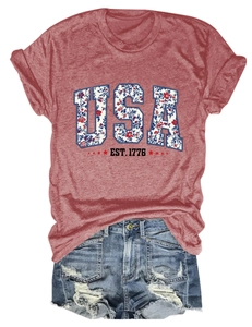 Detail of USA EST. 1776 floral print on a red brick crewneck short sleeve T-shirt
