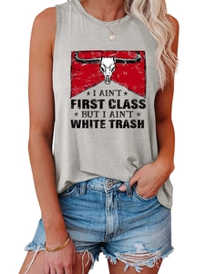 Débardeur gris clair pour femme avec motif crâne de taureau et slogan vintage