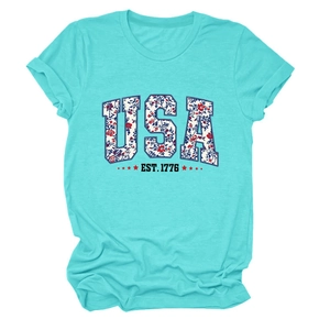 Detail of teal cotton T-shirt featuring USA floral print and EST. 1776 graphic