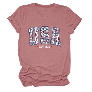 Close-up of USA EST. 1776 floral print on dusty pink crew neck cotton t-shirt
