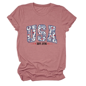 Detail of USA floral lettering and rolled cuffs on a dusty rose cotton t-shirt