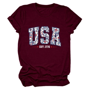 Detail of USA floral print and Est 1776 star motif on burgundy crew neck t-shirt