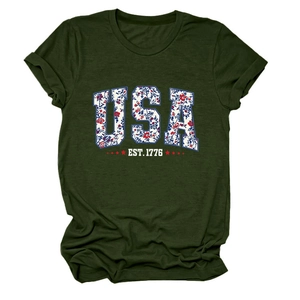 Detail view of USA floral print and star motif on army green crew neck t-shirt