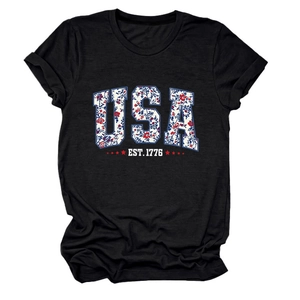 Detail of USA floral print and EST. 1776 graphic on black crew neck cotton t-shirt