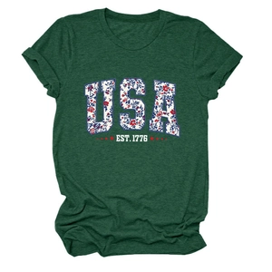 Close-up of USA EST. 1776 floral print on dark green heathered cotton T-shirt