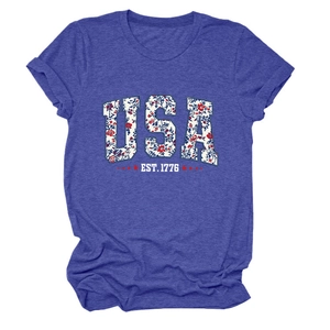 Detail view of the USA EST. 1776 floral print and red star on a blue heather t-shirt