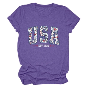 Detail of USA EST. 1776 floral print on a heather purple crew neck short sleeve T-shirt