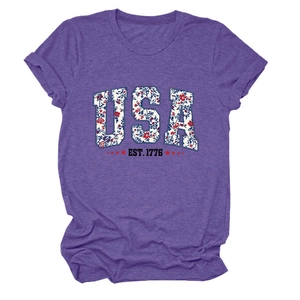 Close-up of USA EST. 1776 floral print and rolled sleeve on heather purple t-shirt