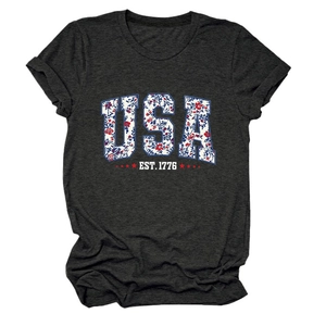 Women's dark grey USA EST 1776 t-shirt with floral flag pattern and red star detail