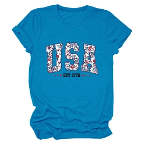Detail of USA floral print and EST. 1776 lettering on a blue crewneck t-shirt