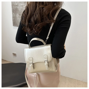 Close-up of a light gold crossbody bag with metallic finish on a model from the back