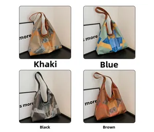 Detailed grid view showing vintage patchwork tote bags in four versatile color options