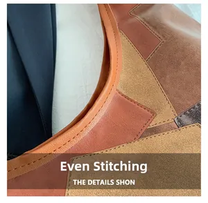 Detail of contrast color patchwork tote showing precise stitching and suede texture
