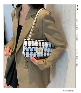 Detail der schwarz-weißen Tweed-Tasche mit goldenem Metallverschluss und Kettenriemen