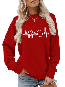 Detail view of the red sweatshirt featuring a white 911 dispatcher heart rate graphic