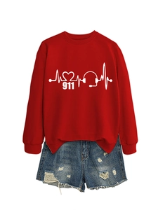 Detail of red crewneck sweatshirt with 911 heartbeat graphic and denim shorts set